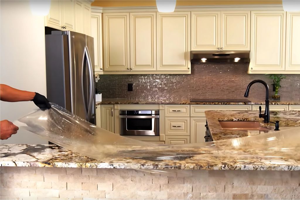 A person wearing black gloves carefully applies a transparent protective film over a granite kitchen countertop. The kitchen features cream-colored cabinets, a mosaic tile backsplash, and stainless steel appliances, highlighting a blend of elegance and functionality.