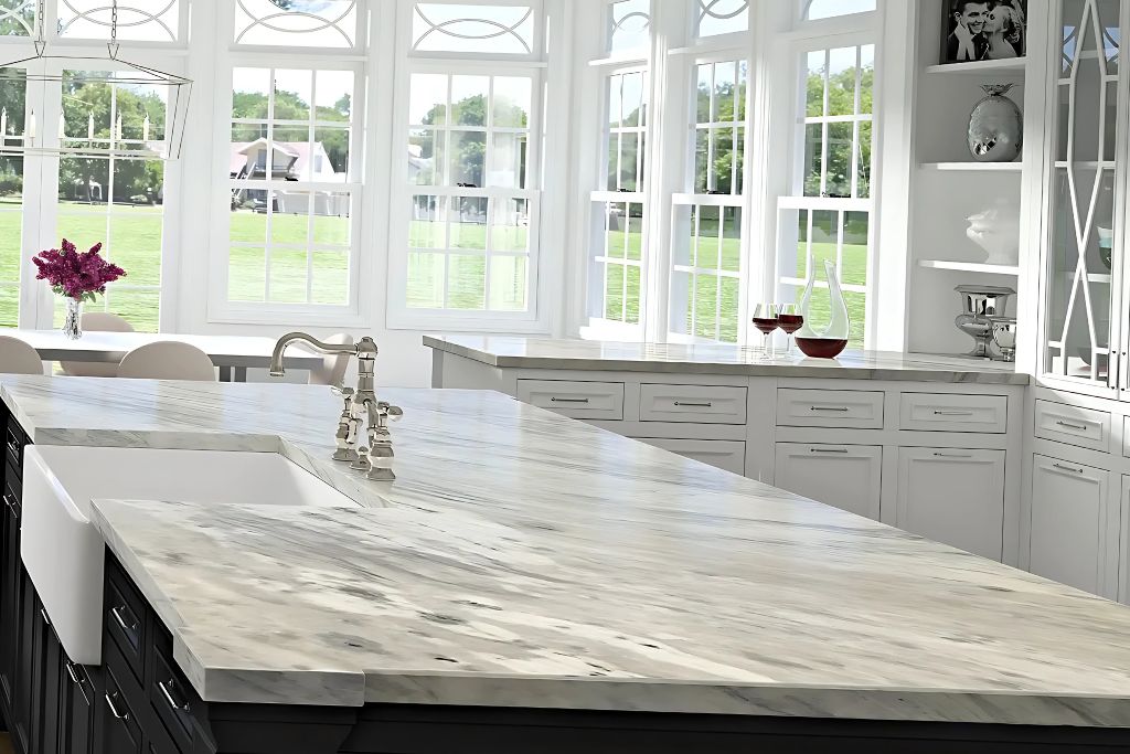 A bright kitchen with large windows showcasing a polished granite or marble countertop with a farmhouse sink and elegant fixtures. Two wine glasses and a carafe are placed on the countertop, with a vase of fresh flowers in the background.