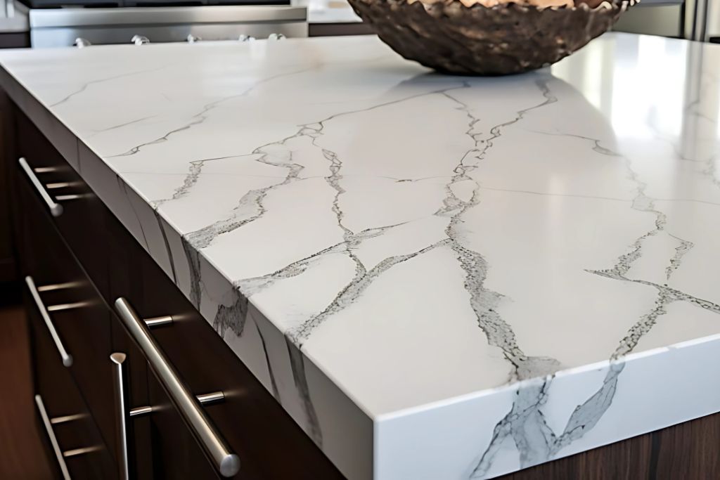 A pristine marble countertop with bold gray veining, complemented by sleek dark wood cabinets and brushed metal handles. A decorative bowl sits atop the surface, emphasizing the countertop's polished and protected finish.