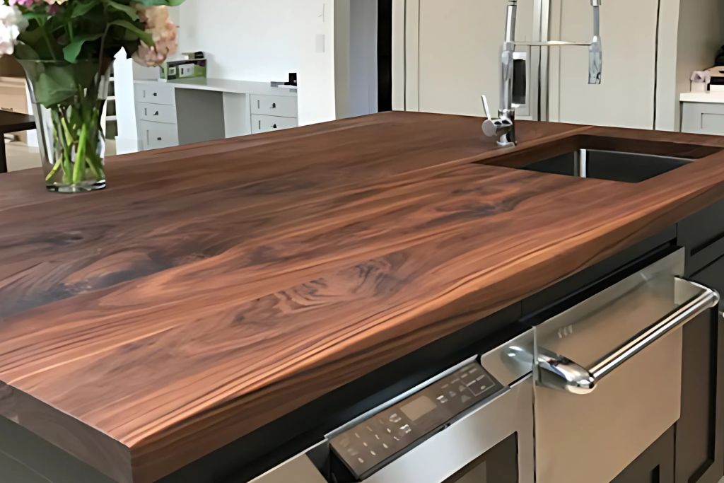 A kitchen island with a polished wood countertop featuring rich, natural grain patterns. The countertop includes a built-in sink and faucet, with a vase of fresh flowers placed on one side.