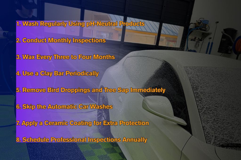 A foam-covered white car is being washed in a garage, while a bright purple overlay lists eight essential PPF maintenance tips in bold orange text. The scene includes equipment in the background and a technician partially visible on the left.