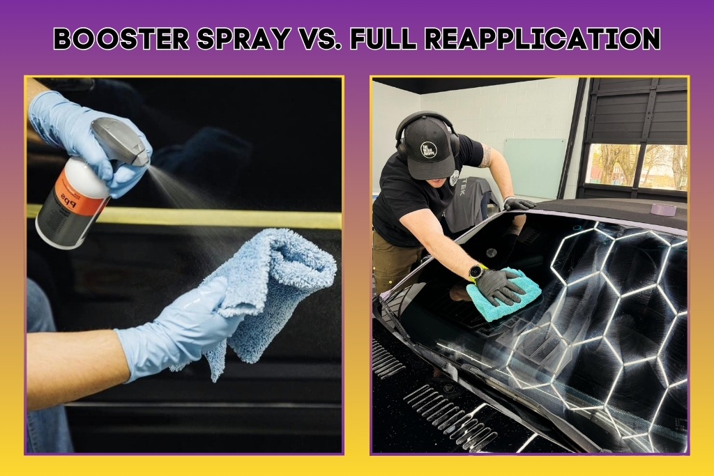 Side-by-side comparison showing a ceramic booster spray being applied with a microfiber towel on the left, and a professional performing a full ceramic coating reapplication on a windshield at The Detail Shoppe on the right, illustrating the difference between booster spray vs. full reapplication.