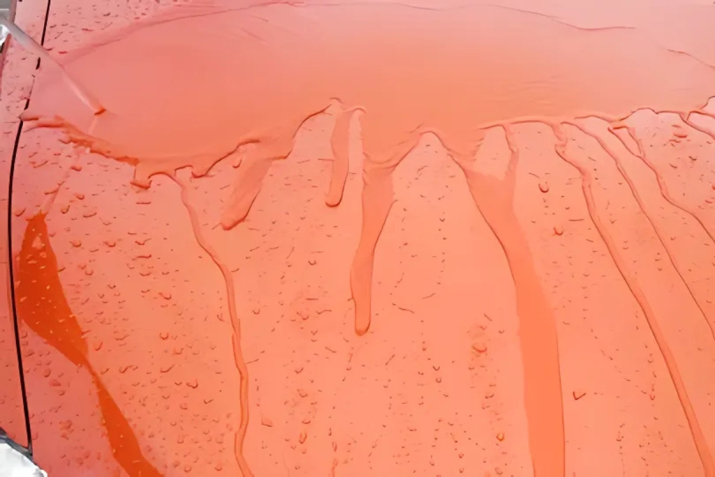 Water poured over an orange car hood showing smooth sheeting instead of beading, a clear visual cue that it’s time to reapply ceramic coating for restored protection.