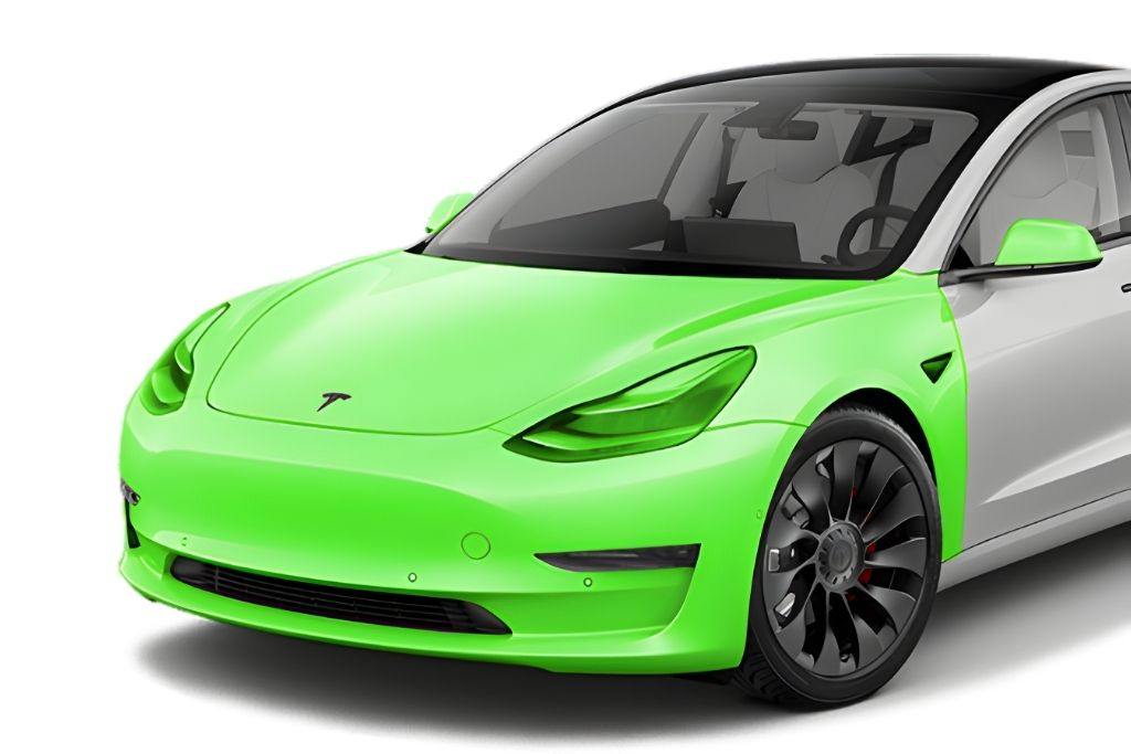 Illustration of a white Tesla with full front Paint Protection Film coverage highlighted in green, including the hood, front fenders, bumper, side mirrors, and headlights to show a mid-tier PPF protection package.