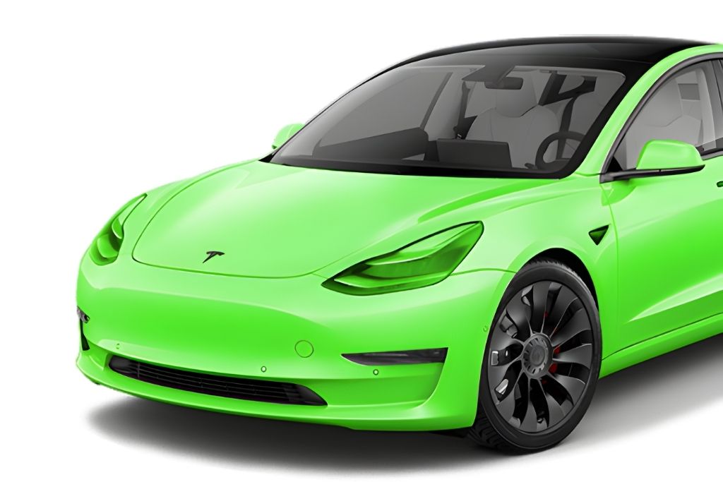 Visualization of a white Tesla completely highlighted in green to show full vehicle Paint Protection Film coverage, illustrating total protection for all painted surfaces including doors, fenders, hood, bumpers, and mirrors.