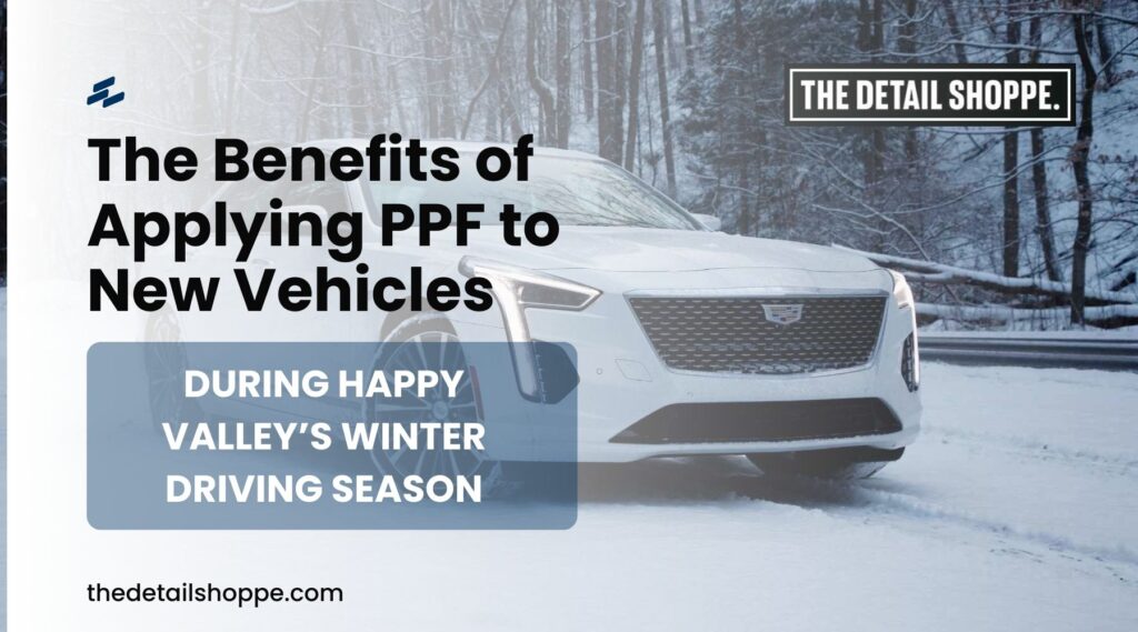 A white Cadillac sedan with custom wheels parked on a snowy road, showing signs of road salt and grime on the lower panels. The backdrop features a winter forest, and a "The Detail Shoppe" logo appears in the top right corner.