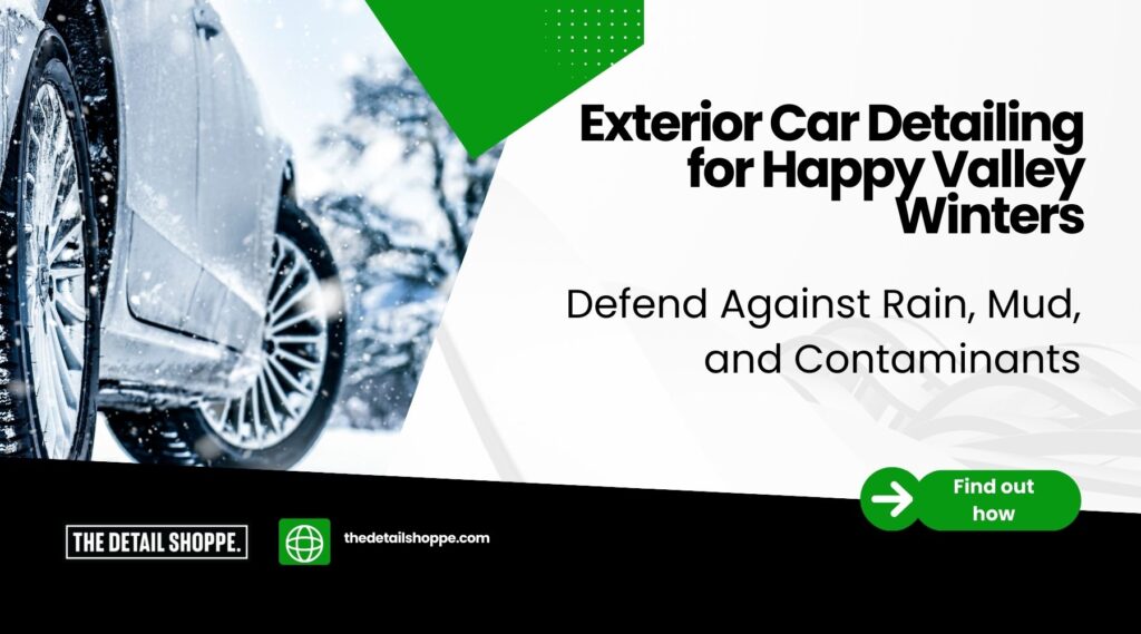 Close-up of a silver car with snow-covered tires parked in a snowy environment, promoting exterior car detailing services for winter protection against rain, mud, and contaminants in Happy Valley.