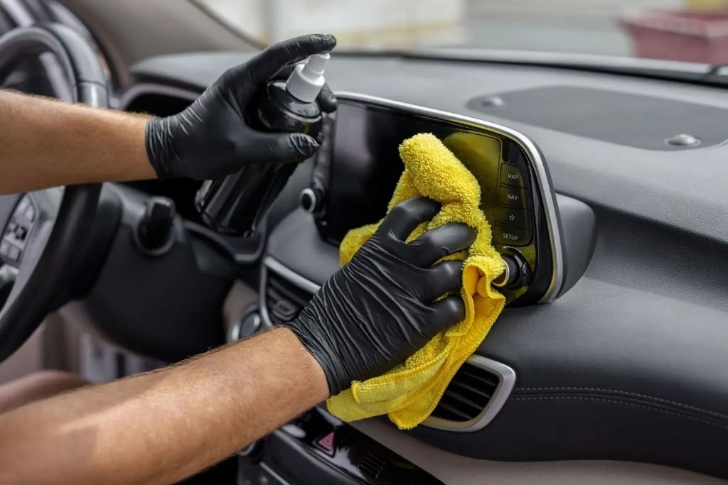 Technician cleaning car dashboard and touchscreen with microfiber cloth during interior car detailing service in Happy Valley, OR